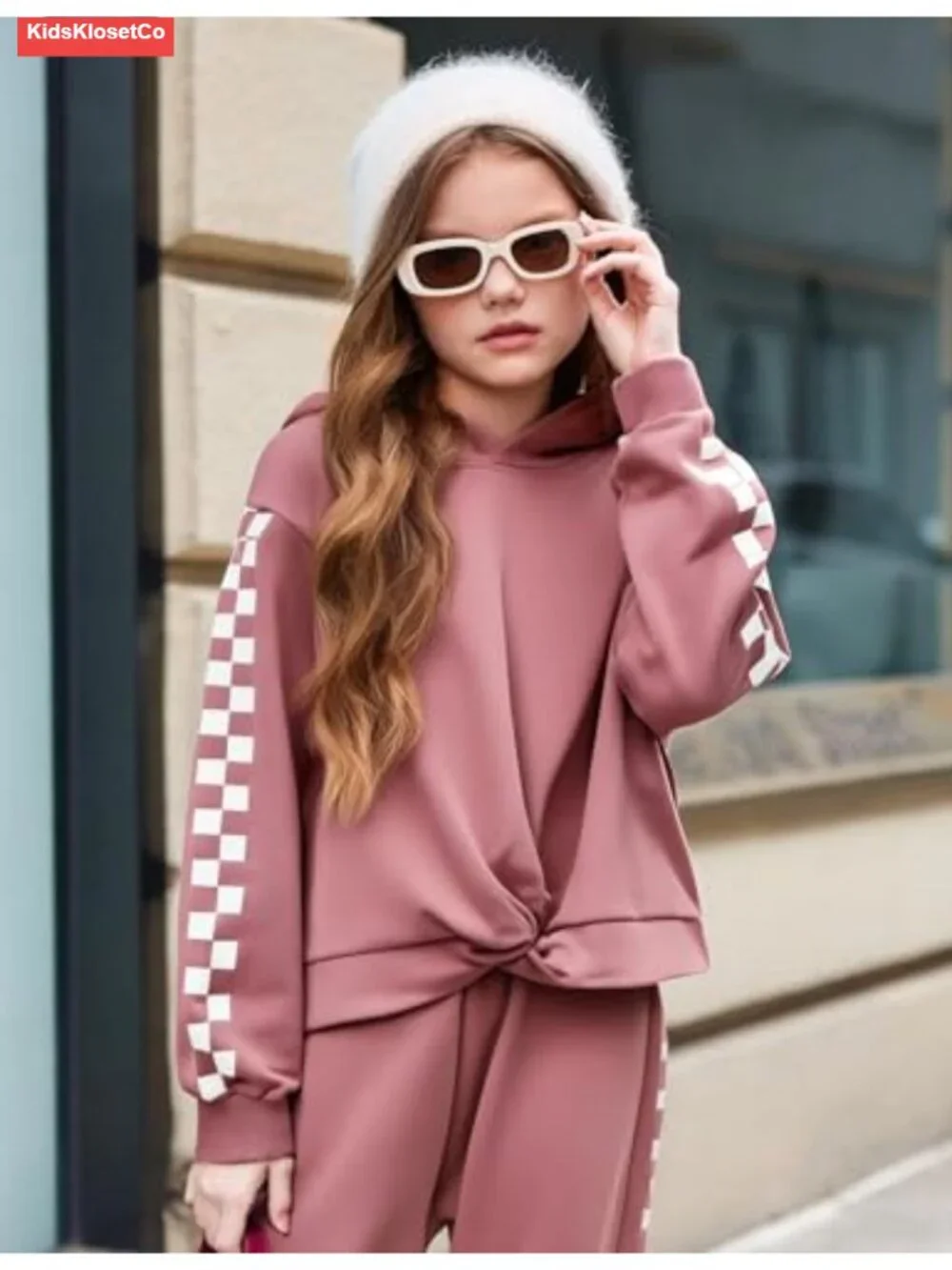 Girls 2 Piece Tracksuit Set Checkerboard Stripe Hoodie Sweatshirt and Pants